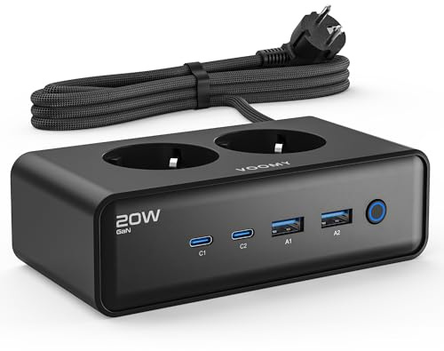 Voomy Mehrfachsteckdosen mit 20W USB Ports, Überspannungsschutz, Überlast- & Kurzschlussschutz, Sicherheitsverschluss, 2 Meter (Schwarz)