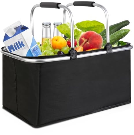 kühlkorb einkaufskorb 30L,Mit Reißverschluss isolierter, Faltbarer Picknickkorb,Klapprahmen aus Aluminiumlegierung mit Griff, gepolsterte Stützstange,für Picknicks im Freien, Einkaufen und Reisen