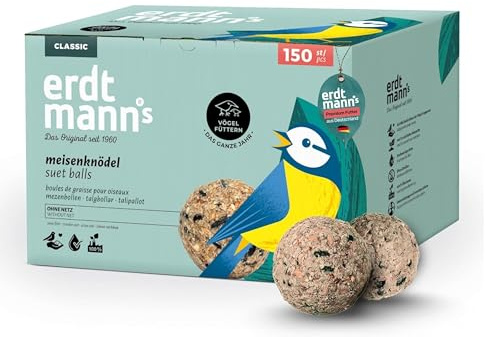 Erdtmanns Meisenknödel ohne Netz 150 Stück (13,2 kg Netto) – Wildvogelfutter im Karton – Umweltfreundliche Knödel - ganzjährige Fütterung – Meisen, Finken & Singvögel