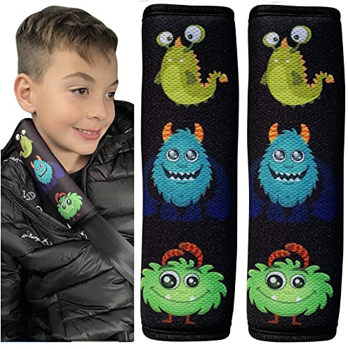 HECKBO 1x / 2x Auto Gurtschutz mit Monster Motiv - Sicherheitsgurt Schulterpolster Schulterkissen Gurtschoner Autositze Gurtpolster für Kinder, Jungen Mädchen (2 Stück)