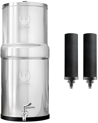 Phoenix Gravity Trinkwasserfilter aus Edelstahl, 12 Liter, mit 2 Phoenix Carbon-Wasserfilterkartuschen, Edelstahlhahn