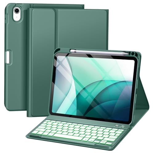 drivego Hülle mit Tastatur für iPad A16 11. 2025/10. 2022 (11/10.9 Zoll) | 7-farbige Beleuchtung Magnetische Abnehmbare Tastatur für iPad 11/10 Generation Hülle mit Stifthalter, Kiefern Grün