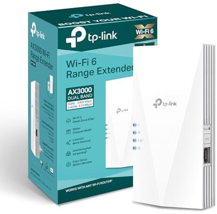 TP-Link RE700X WiFi 6 WLAN Verstärker Repeater AX3000, Dualband 2402MBit/s 5GHz + 574MBit/s 2,4GHz, MU-MIMO, Gigabit Port, Kompatibel mit Fritzbox