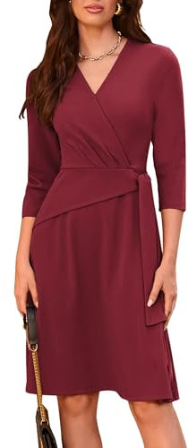 Midikleid für Damen 3/4-Ärmel A-Linien-Kleid Wickelkleid mit Reißverschluss Hinten Businesskleid für Damen Weinrot XXL