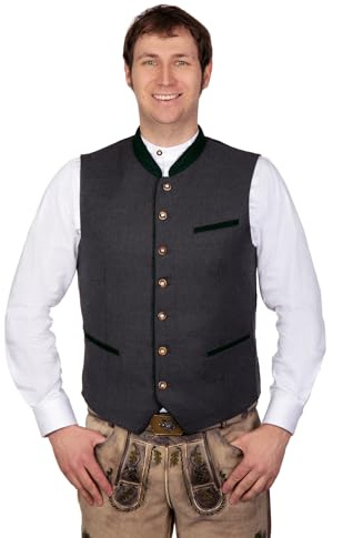 Edelnice Trachtenmode Elegante weiche Woll Trachtenweste Gilet Roland grau mit grünen Paspeln Gr. 46-64