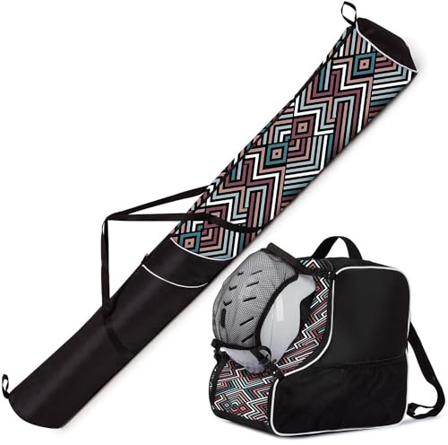 Ferocity Premium Set Skitasche und Skischuhtasche für 1 Paar Ski-Stöcke-Schuhe-Helm mit Abnehmbarer Netztasche Pastel Zig ZAG [053]