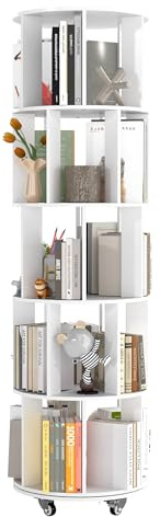 Suuiwau Drehbares Bücherregal 5 Etagen Weiß Holz Eckregal 46x46x165 cm | 360° Rund Drehbar, Platzsparendes Eckdesign, Multifunktional, für Kinderzimmer Wohnzimmer, Eck-Organizer für Kleine Räume