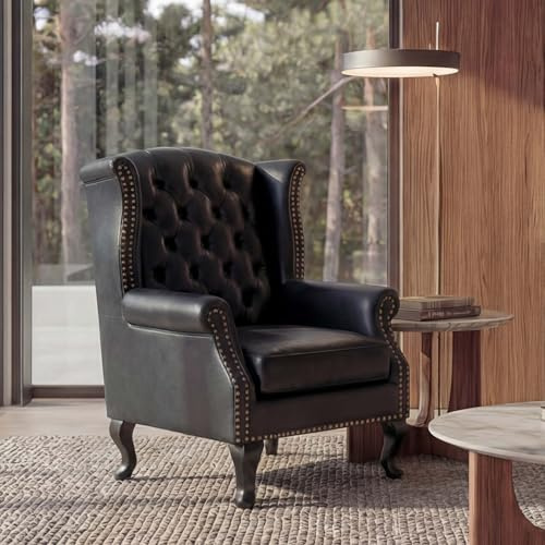 Mendler Sessel Relaxsessel Clubsessel Ohrensessel Chesterfield-AM, Kunstleder - schwarz ohne Ottomane