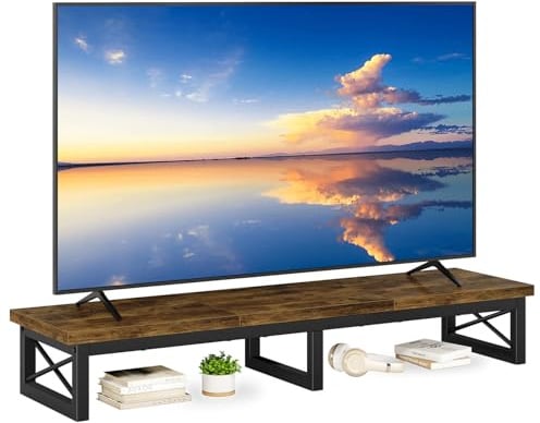 IBUYKE TV-Schrank Tisch,Fernsehtisch, 114 cm, Dual Screen Office Desk,Tischplatte Kurzer TV-Ständer, für Fernseher bis zu 60 Zoll, Wohnzimmer, Esszimmer und Schlafzimmer,Rustikales Braun TVT002H