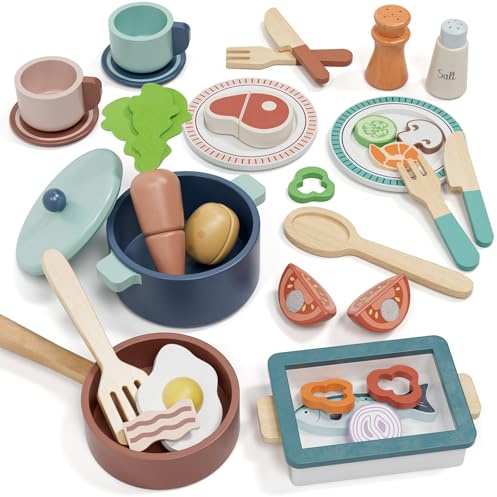 Lehoo Castle Kinderküche Zubehör, Spielküche Zubehör Holz, Kinder Küchenset, Kinderküche Geschirr mit Töpfe und Kochgeschirr, Spielzeug ab 3 Jahre