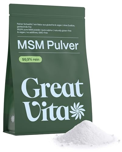 GreatVita MSM Pulver 1000g - 99,9% Methylsulfonylmethan, feiner & organischer Schwefelpulver - MSM powder zum Mischen in Wasser, Saft & Smoothies - 1kg Vorrat, ohne Zusätze, glutenfrei & non-GMO