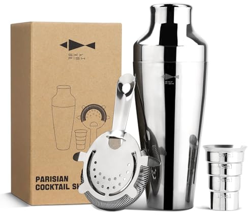 SKY FISH Cocktail-Shaker-Set im Pariser Stil, Barzubehör-Set für Barkeeper und Cocktailliebhaber, 500 ml, Silber