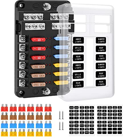 Kfz sicherungshalter flachsicherung, ENDARK kfz sicherungskasten, 12 fach sicherungshalter mit LED-Anzeige negativen Bus für Auto, Boot, Van, Suv, LKW