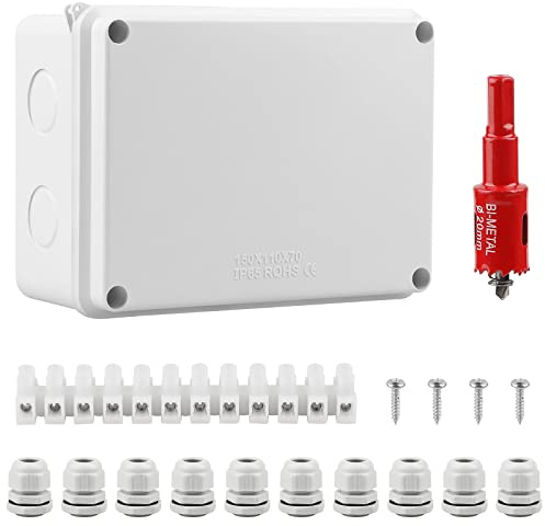 CPROSP Abzweigdose Wasserdicht IP65 Feuchtraumdosen Aufputz-Abzweigkasten 150x110x70mm für Ø6-12 mm, mit 10x Kabelverschraubungen, mit Lochsäge 20mm