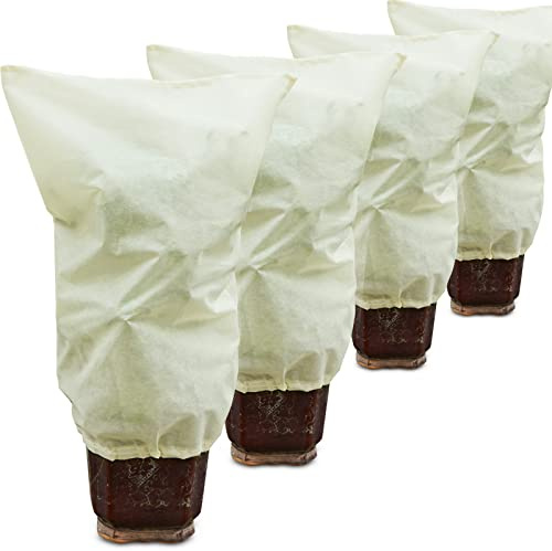 Muzhira 4pcs Winterschutz-Haube, 50g/m² 60cm x 80cm Frostschutzhaube für Pflanzenmit mit Zugband, Garden Winterschutzvlies für Pflanzen für Wetterfest, Kälte, Vögel und Insekten Beige