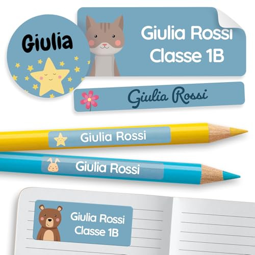 melu kids® 60 Namensaufkleber Set für Kinder - Schule, 3 Größen (Blau) | Personalisiert & Wasserfest, Aufkleber mit Namen für Stifte & Schulsachen, Namensetiketten
