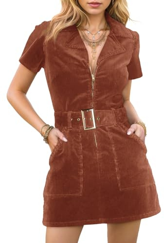 Damen-Minikleid aus Cord, kurzärmelig, Revers, Reißverschluss, Gürtel, Cowgirl-Kleider mit Taschen