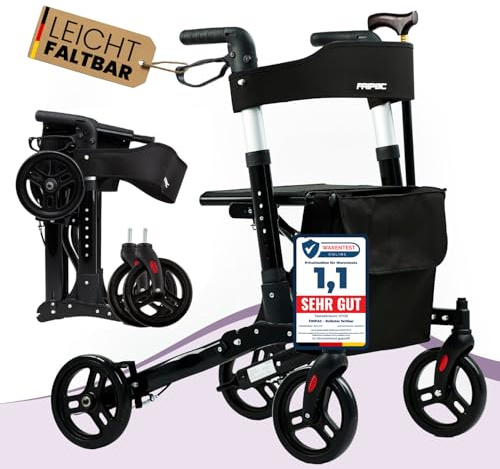 FRIPAC – Rollator faltbar und leicht mit Sitz – geeignet für Wohnung & Outdoor - Leichtgewichtrollator mit stabiler Aluminium-Konstruktion – sichere Gehhilfe für Senioren (Schwarz)