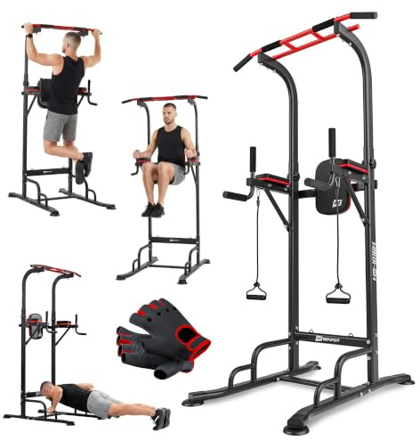 Hop-Sport Power Tower mit Klimmzugstange, Dip-Station & Expander - Höhenverstellbare Kraftstation für Zuhause & Calisthenics, 150 kg Max. Belastbarkeit