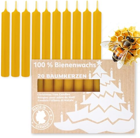 20 Baumkerzen aus 100% Bienenwachs, Pyramidenkerzen 10,5 cm, hochwertige Naturwachskerzen Made in Germany, lange Brenndauer, für Tischdekoration, Kerzenhalter, Feiern & besondere Anlässe