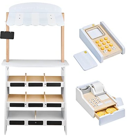 mamabrum Kaufmannsladen-Set aus Holz - Marktstand mit Registrierkasse, Terminal & Kreidetafel - 19-teiliges Lernspielzeug mit Obst & Gemüse für Kinder ab 3 Jahren
