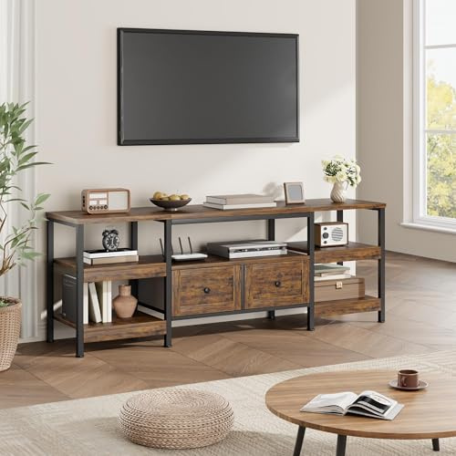 Niwugady TV-Schrank, Industrial Möbel Lowboard für Fernseher bis zu 85 Zoll, 200 cm Lang, Fernsehtisch mit 2 Schubladen, 5 Offenen Fächern, 200 x 40 x 65cm, Wohnzimmer, Stahlgestell, Vintagebraun