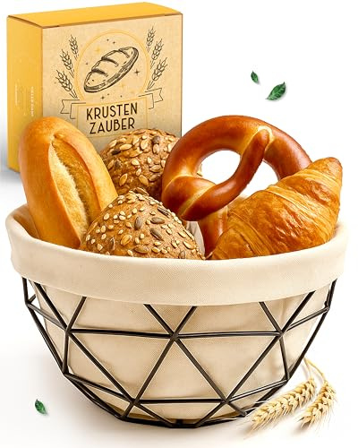 KRUSTENZAUBER Brotkorb modern mit Metallgestell - Waschbares Brotkörbchen für Brot & Brötchen - 20cm Durchmesser Brötchenkorb zur Brotaufbewahrung, Frühstück, Küche & Esstisch, Praktisch und stilvoll