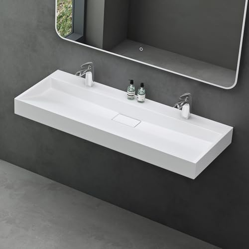 Mai & Mai Waschbecken Weiß Matt Aufsatzwaschbecken Hängewaschtisch inkl. Ablaufgarnitur Mineralguss Rechteckig Waschplatz 2-Armaturenloch Breite: 120cm