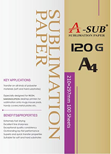 A-SUB Sublimationspapier A4, 210 x 297 mm, 100 Blatt, 120 g/m², Kompatibel mit EPSON, SAWGRASS, RICOH, BROTHER Sublimationsdruckern