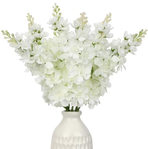 Briful 6er-Set Künstliche Rittersporn Delphinium Weiße Kunstblumen Wie Echt Dekoblumen Frühlingsblumen Kunstzweige für Home Frühling Dekoration
