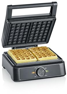 SEVERIN Waffeleisen belgische Waffel, quadratische Waffeln, Keramikbeschichtung mit PFAS-freier Beschichtung, mit Kontrollleuchte, praktische Kabelaufwicklung, 1.600 Watt, schwarz-Edelstahl, WA 2130