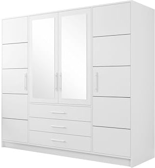 Mirjan24 Drehtürenschrank Bado 4D, Spiegel, Schubladen (Weiß) | Geräumiger Kleiderschrank mit 10 Innenfächern und Kleiderstange für ordentlich sortierte Kleidung und Accessoires