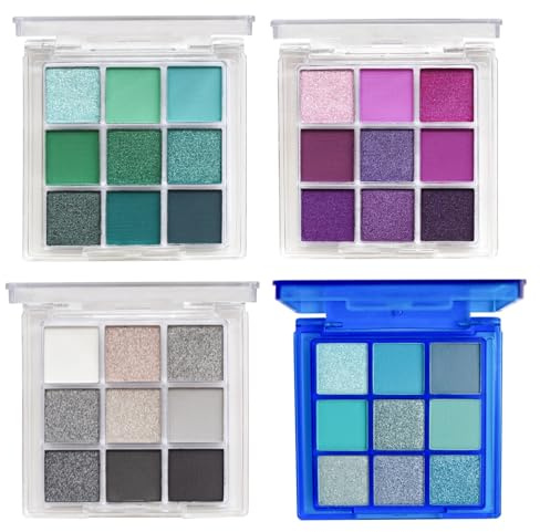 4 Pack/Set Eyeshadow Palette Set– 9 Colors Eye Makeup Kit, Black, Blue, Green, Purple Eyeshadow Shades, Convenient Portable Travel Eyeshadow Palette (Set A)