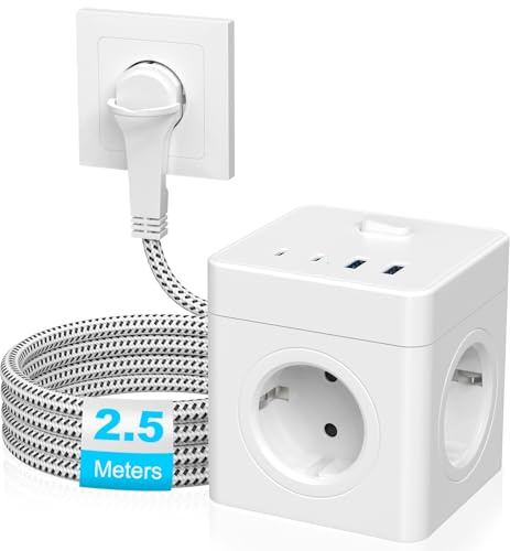 Steckdosenwürfel mit USB C, 4-Fach Steckdosenleiste Flachstecker mit Schaltbar, Mehrfachsteckdose Würfel für Büro Hause Reisen - 2.5M Kabel - Weiß