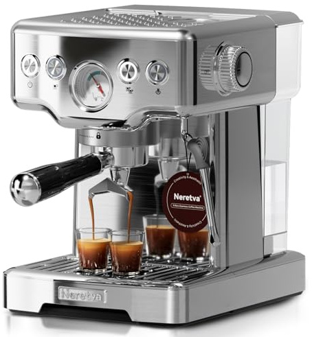 Neretva Sichtbares Manometer Espressomaschine Edelstahl, inkl. Barista Kit | Druckentlastung 15 Bar Siebträgermaschine mit Leistungsstarker Milchaufschäumer,1,8L-Tank, für Latte/Cappuccino/Macchiato