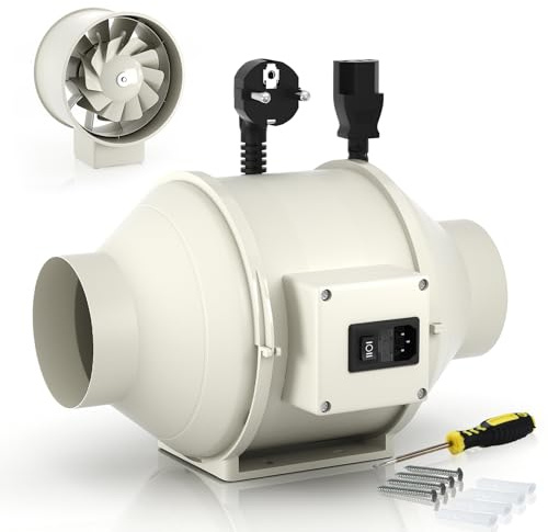FanGoFast Rauchabzug Rohrventilator 100 mm Inline-Kanalventilator Abluftventilator Rohrlüfter 230 V Leise mit IEC-Steckdose EU-Stecker + 1,5 m EU Netzkabel für Badezimmer, Büro, Wachstumsräume