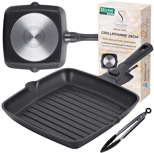 Stone&Stone Grillpfanne 28 cm Induktion Quadratisch, Antihaft Grillpfanne Bratpfanne mit Abnehmbarem Griff, Deutsche Keramikbeschichtung, Vollstahlboden, Für Gas und Backofen, PFAS, PFOA und PTFE-frei