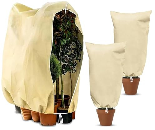 Cieex Winterschutz für Pflanzen, Olivenbaum Winterschutz, Frostschutz Kübelpflanzensack mit Reißverschluss und Zugband Beige, Pflanzenschutz für Baum Palmen Olivenbaum (80 x 120cm*2 &120 x180cm*1)