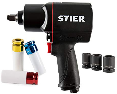 STIER Druckluft Schlagschrauber 17-BBS, Satz 8-teilig, max. Lösemoment 1.756 Nm, Kraft-Steckschlüsseleinsatz 1/2 Zoll, Stecknippel 1/4 Zoll, 3 Geschwindigkeitsstufen