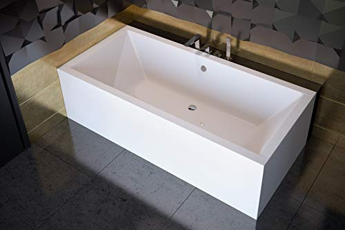 ECOLAM Badewanne Quadro 170x75cm Rechteck Schürze Ablauf Füße Silikon SET | Wanne Rechteckbadewanne Ablauf in der Mitte ideal für zwei Acrylschürze weiß keine Fliesen nötig Ab- und Überlauf Automatik