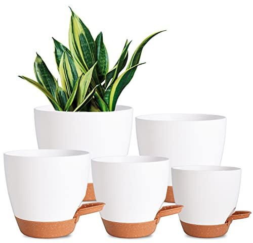 Vanslogreen Selbstwässernder Blumentopf 5er-Set, 17.8/16.5/15.2/13.9/12.7cm Pflanzgefäße mit Drainageloch Topf für Zimmerpflanzen, Pflanztöpfe für afrikanische Veilchen, Ochidee, Kräutertopf, Weiß