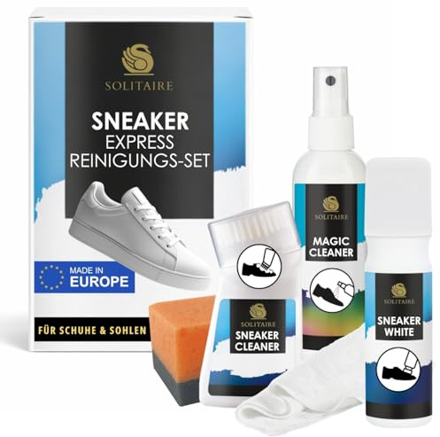 SOLITAIRE Express Sneaker Reinigungs Set 5-tlg. für alle Materialien | Schuh-Reiniger, Sohlen-Reiniger, Sneaker Whitener Deckweiß gegen Flecken, Schuhputzmittel-Set mit Schwamm & Mikrofasertuch