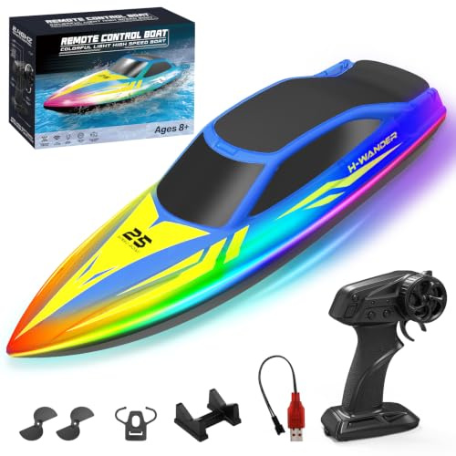 WUQNGI Ferngesteuertes Boot mit 2 Batterien, RC Speedboot für Kinder & Erwachsene, High Speed Motorboot ab 6 Jahre, Wasserboot mit LED-Licht, 2,4 GHz Rennboot Spielzeug Geschenk für Pool Meer Seen