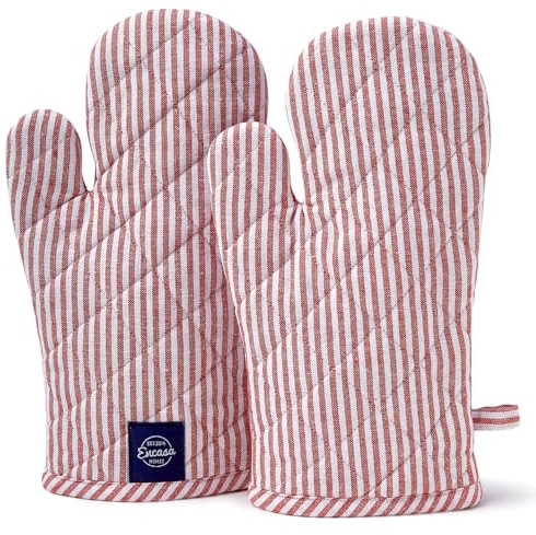 Encasa XO Long 18x30 cm Oven Microwave Hand Gloves Mitts (2 pc Set) for Kitchen Cooking & Baking - Heat Resistant, Thick & Safe, Protection of Hands from Hot Utensils, Grill - Ticking Red