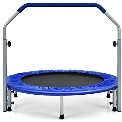 GOPLUS Fitnesstrampolin Indoor, φ101cm Mini Trampolin mit höhenverstellbarer Haltegriff, klappbares Kindertrampolin bis 150kg belastbar, Gartentrampolin für Erwachsene, Jumping Fitness