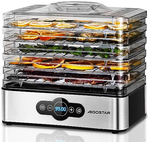 Aigostar Crispy - Dörrautomat, Dörrgerät mit Temperaturregler, 240W, 35-70°C, 99h-Timer, 5 Einlegefächer, Dörrautomat Edelstahl für Fleisch, Obst, Gemüse, Dehydrator - BPA frei
