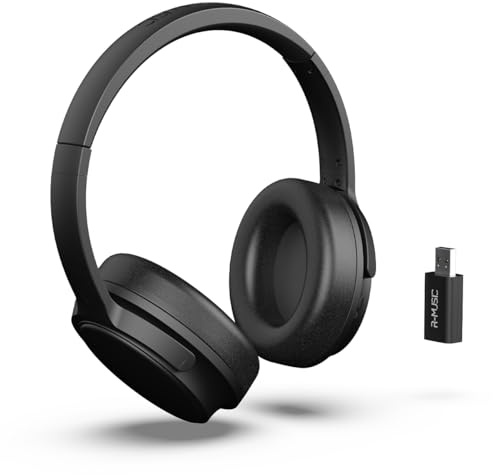 R-Music RM306841 – Kabellose TV-Kopfhörer mit USB-Empfänger 2,4 GHz – 12 Stunden Akkulaufzeit – FM-Radio, 3,5 mm Klinkenstecker, drehbare Ohrmuscheln – Schwarz
