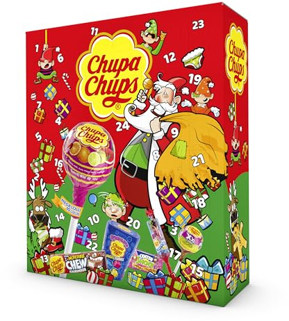 Chupa Chups XXL Adventskalender 2025, Weihnachts-Kalender mit 24 Türchen, Lutscher & Kaugummi, Süßigkeiten, geeignet für Kinder und Erwachsene, 1x614g