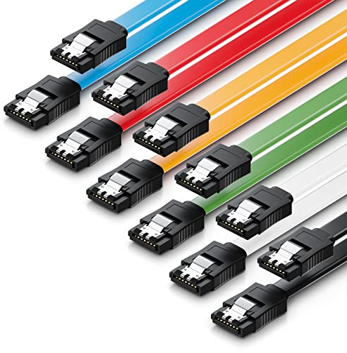 deleyCON SATA 3 Kabel Set 50cm 6 GBit/s, 6 Stück - Bunt | Kurzes 50cm, SATA III Datenkabel, HDD SSD Verbindungskabel, Anschlusskabel, Metall-Clip, 2 gerade L-Typ Stecker