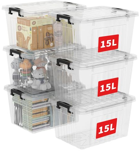 Cetomo 15L*6 Aufbewahrungsboxen, Rillen-verstärkte Kunststoffboxen mit Deckeln & Clips, Stapelbare Aufbewahrungskiste, Ordnungsboxen für Zuhause und Büro, PP, Transparent, 15L (6er Pack)